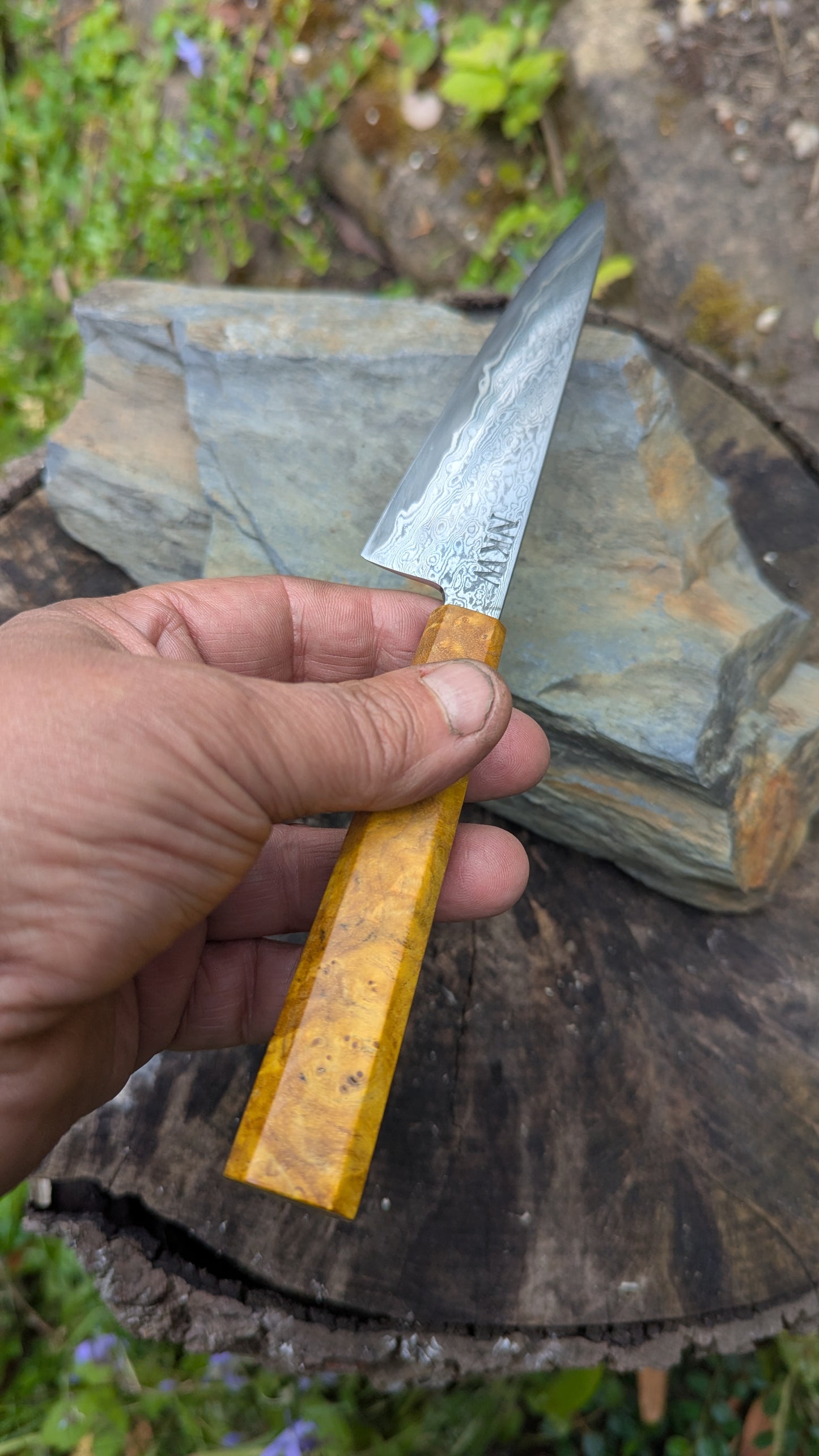Hand Forged 125mm Petty. 80CRV2 San-Mai, 60 layers Damascus. Ash Burl Handle