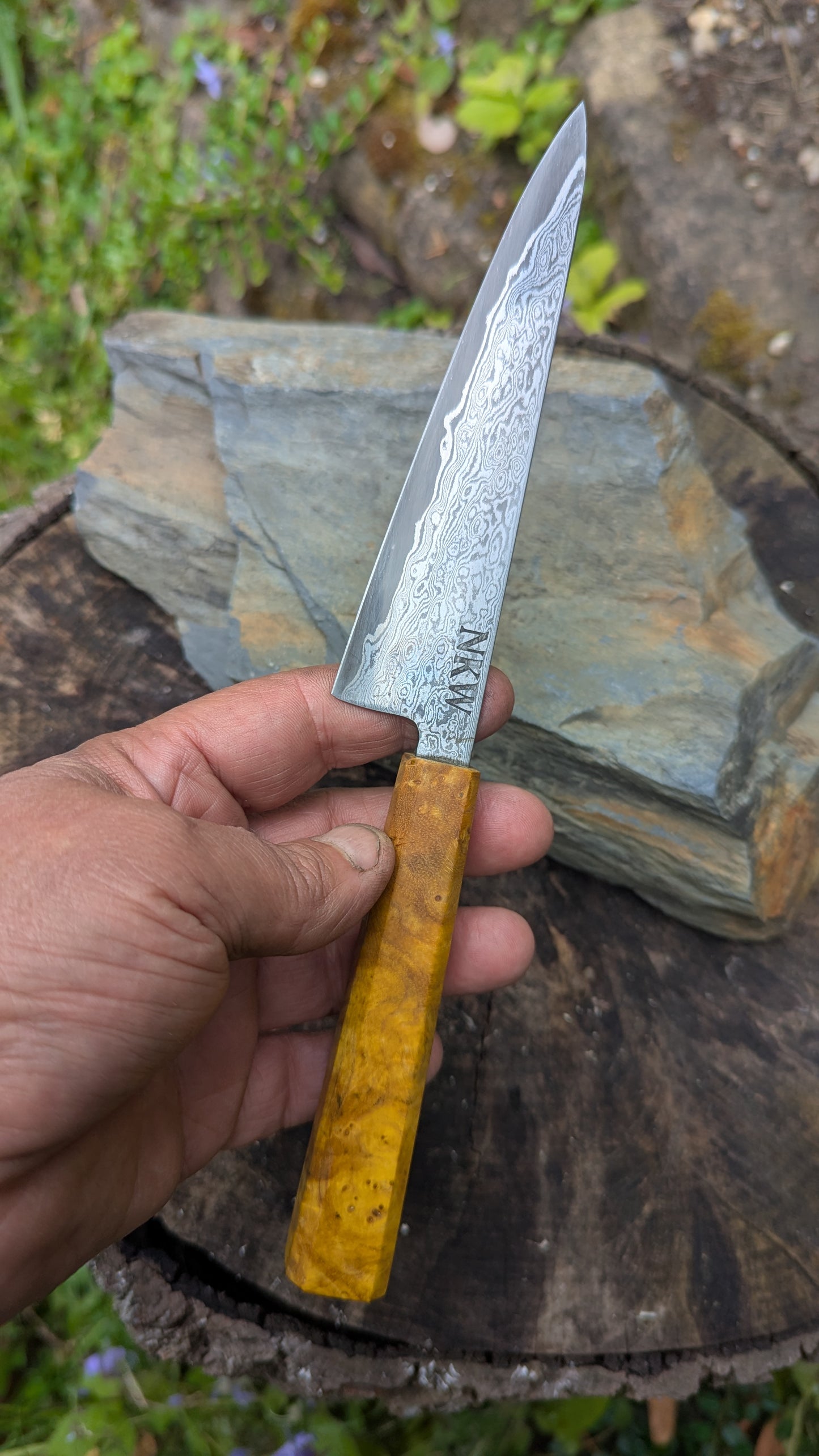 Hand Forged 125mm Petty. 80CRV2 San-Mai, 60 layers Damascus. Ash Burl Handle