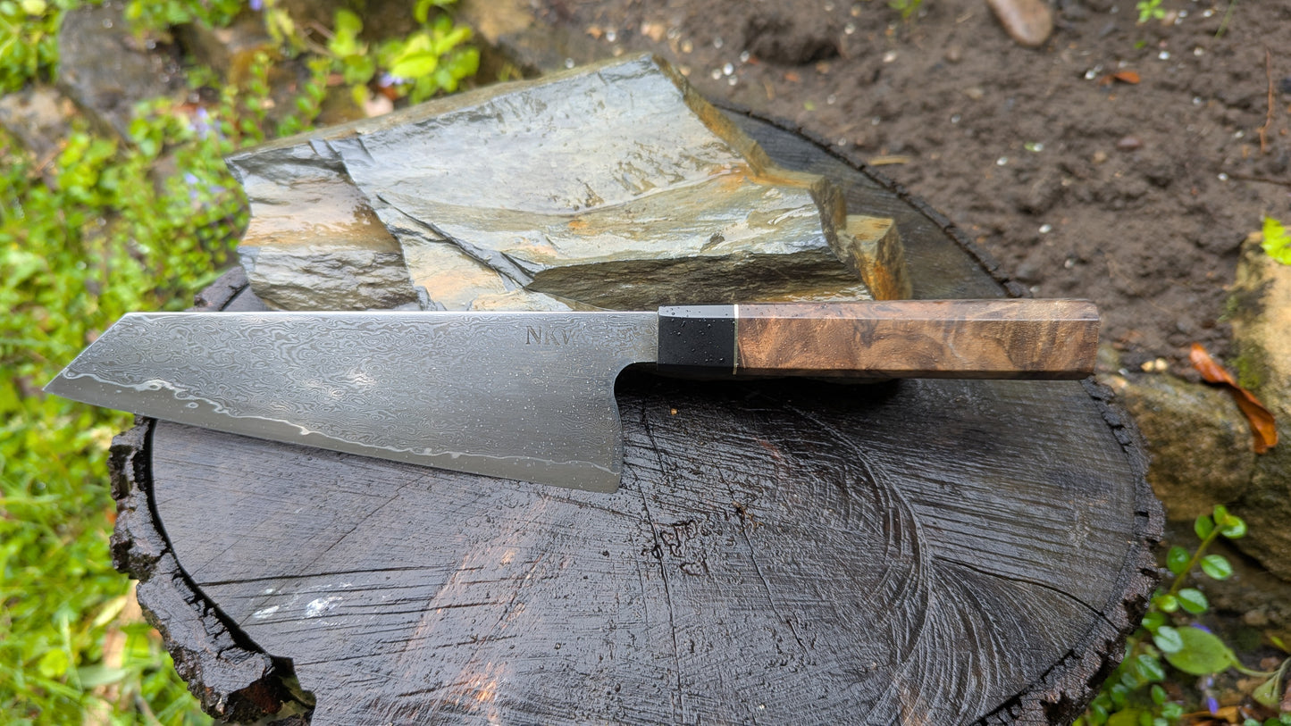 Hand Forged 185mm Bunka. 80CRV2 San-Mai, 60 layers Damascus. Walnut Burl and Richlite handle