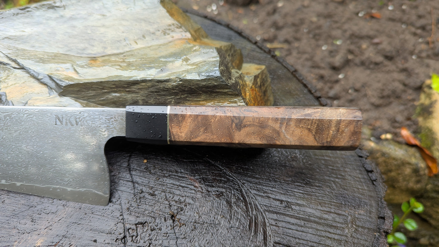 Hand Forged 185mm Bunka. 80CRV2 San-Mai, 60 layers Damascus. Walnut Burl and Richlite handle