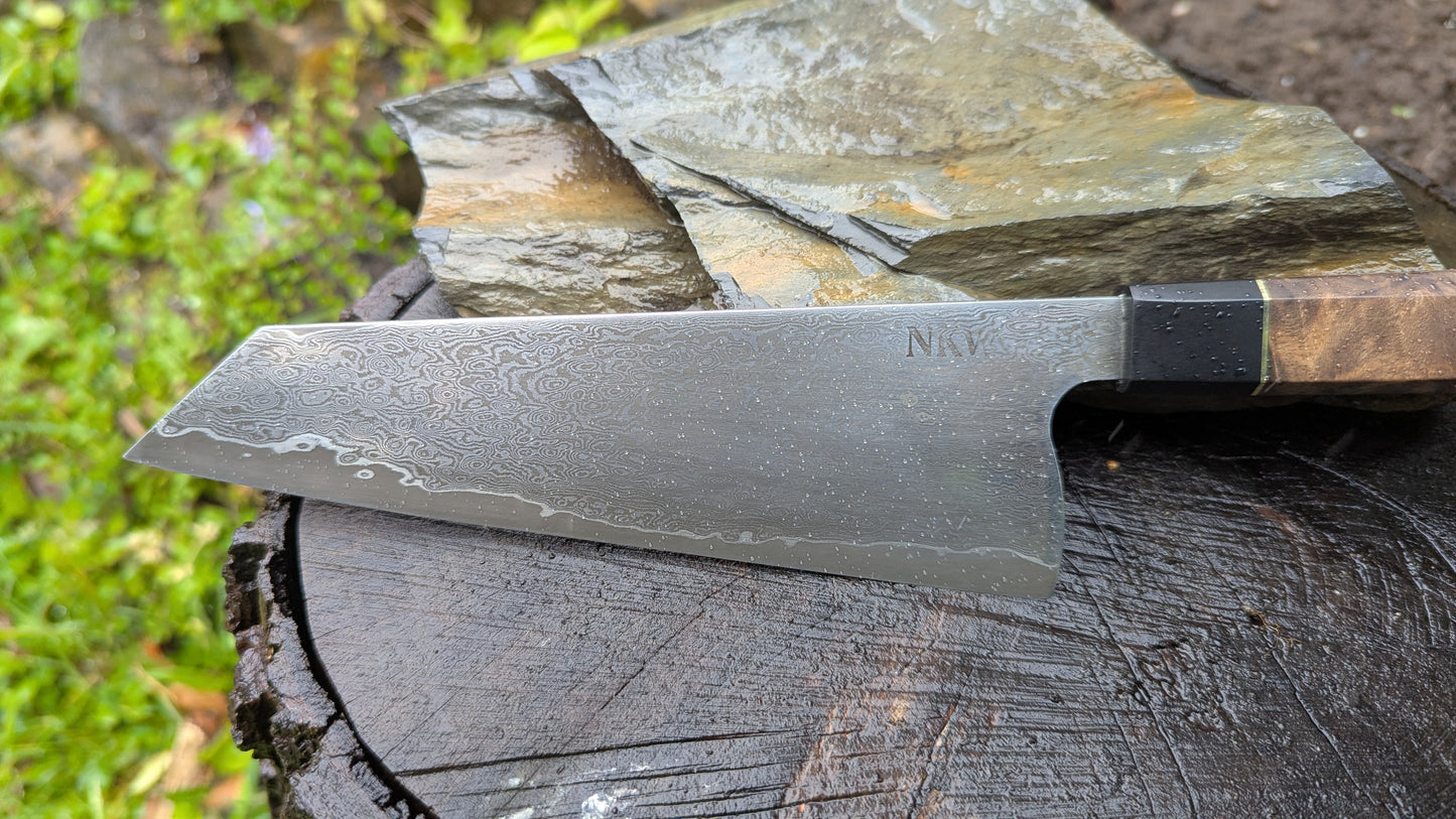 Hand Forged 185mm Bunka. 80CRV2 San-Mai, 60 layers Damascus. Walnut Burl and Richlite handle