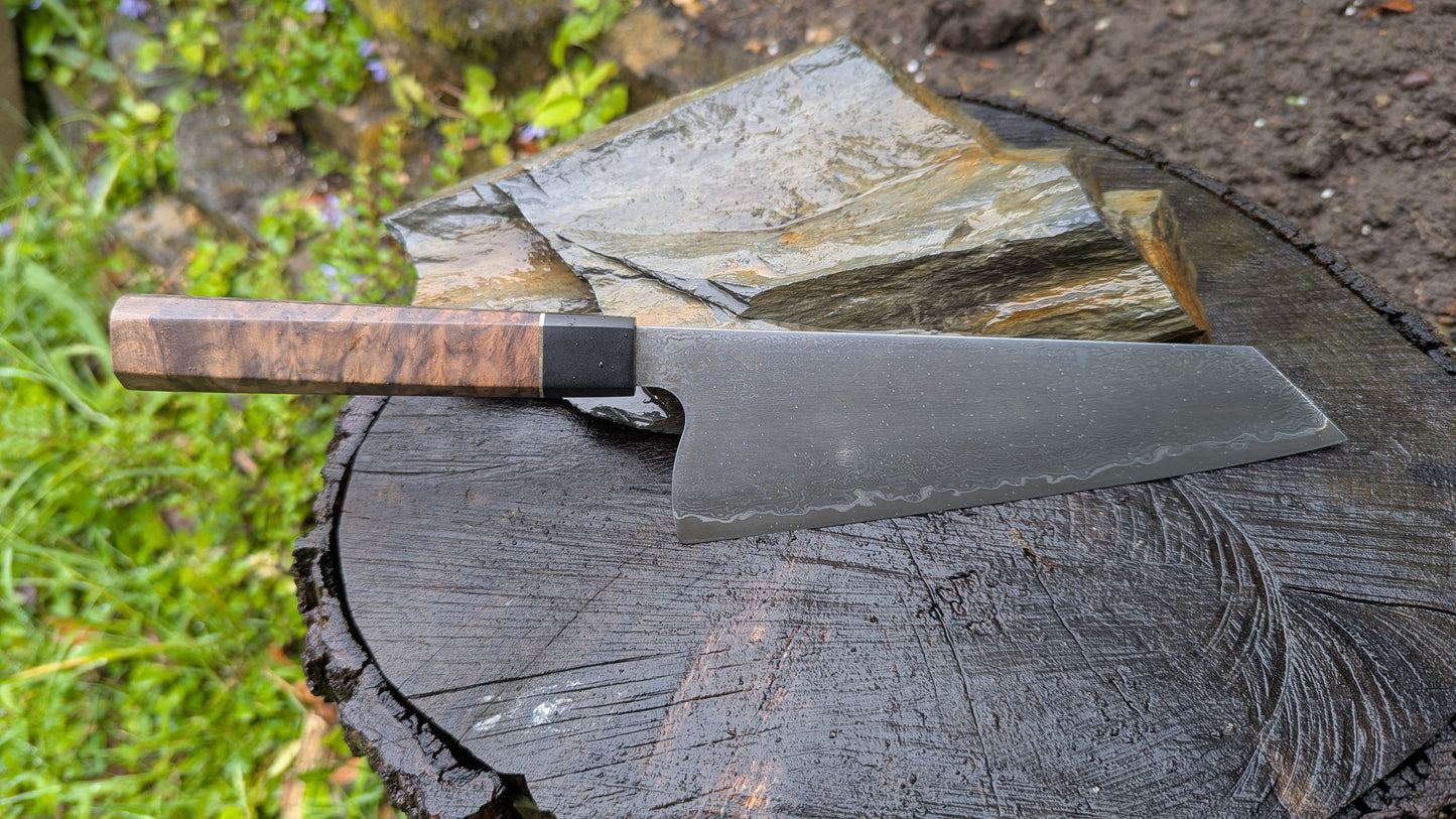 Hand Forged 185mm Bunka. 80CRV2 San-Mai, 60 layers Damascus. Walnut Burl and Richlite handle