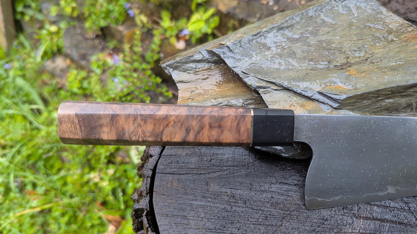Hand Forged 185mm Bunka. 80CRV2 San-Mai, 60 layers Damascus. Walnut Burl and Richlite handle