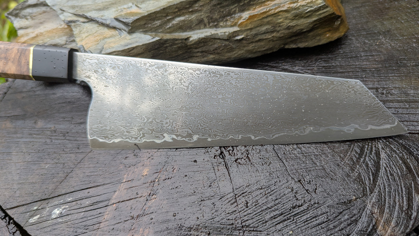 Hand Forged 185mm Bunka. 80CRV2 San-Mai, 60 layers Damascus. Walnut Burl and Richlite handle