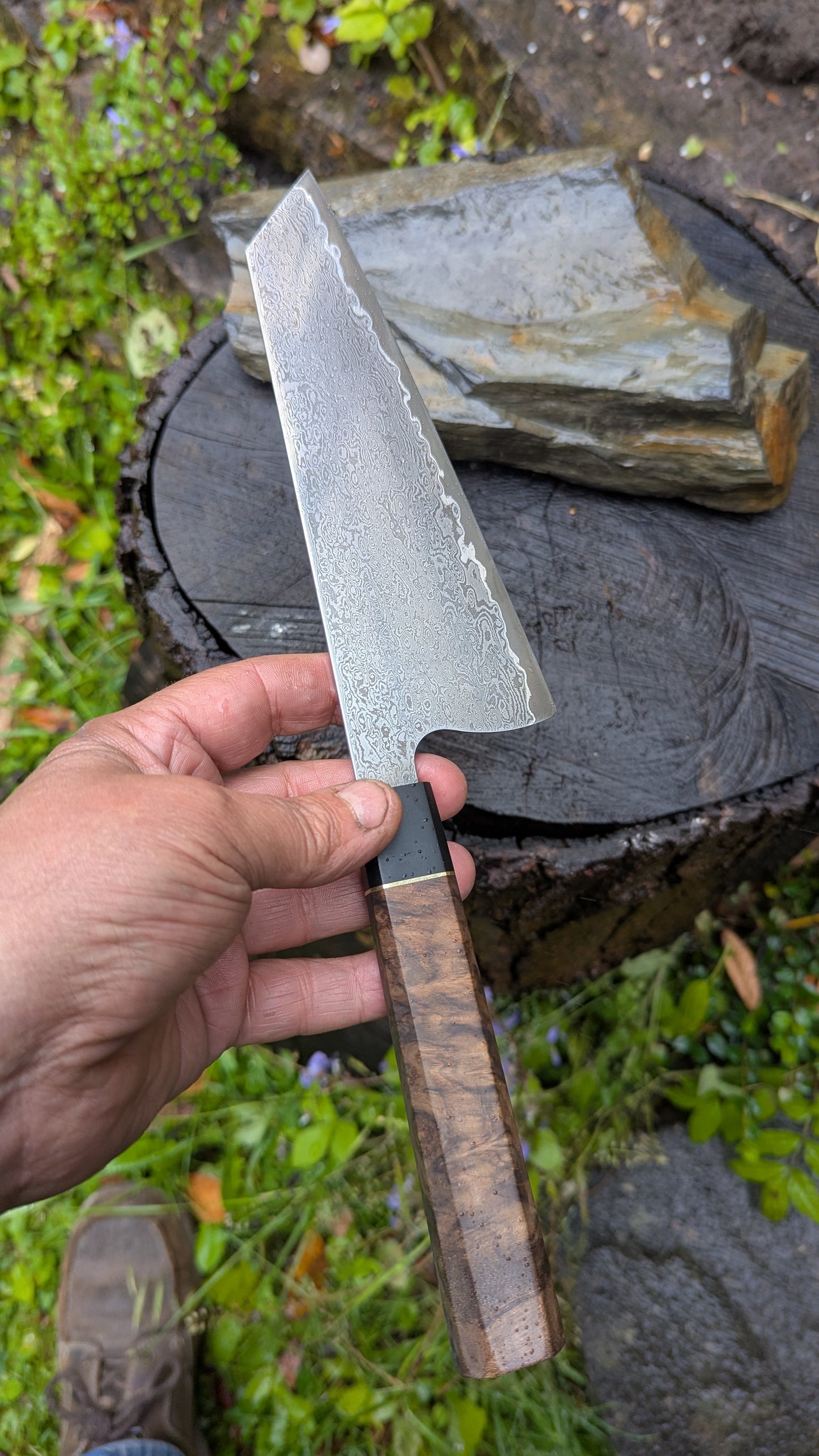 Hand Forged 185mm Bunka. 80CRV2 San-Mai, 60 layers Damascus. Walnut Burl and Richlite handle