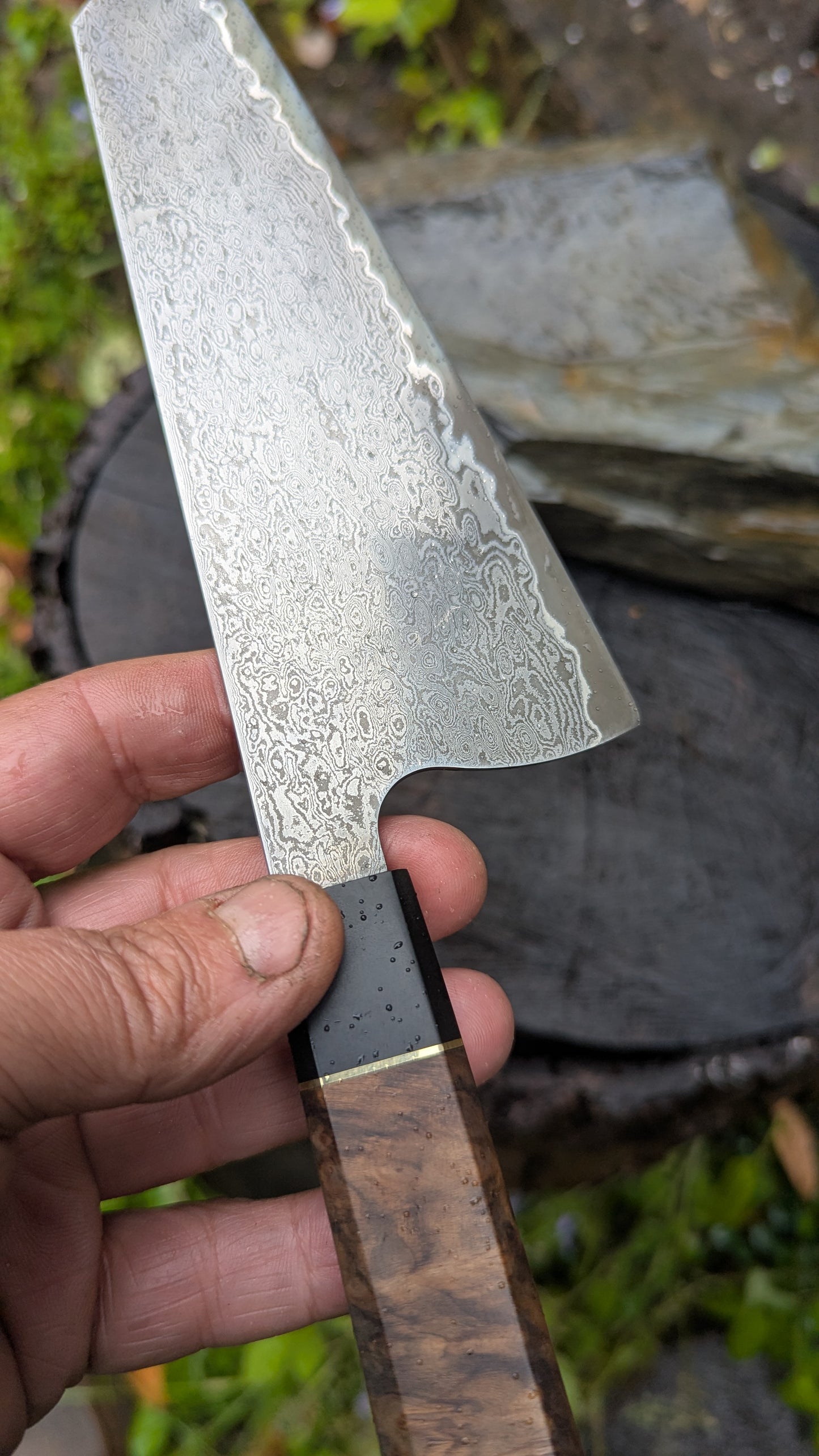 Hand Forged 185mm Bunka. 80CRV2 San-Mai, 60 layers Damascus. Walnut Burl and Richlite handle