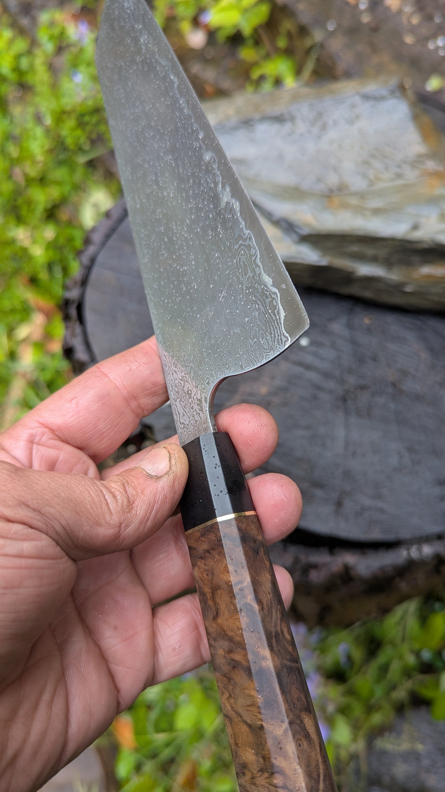 Hand Forged 185mm Bunka. 80CRV2 San-Mai, 60 layers Damascus. Walnut Burl and Richlite handle