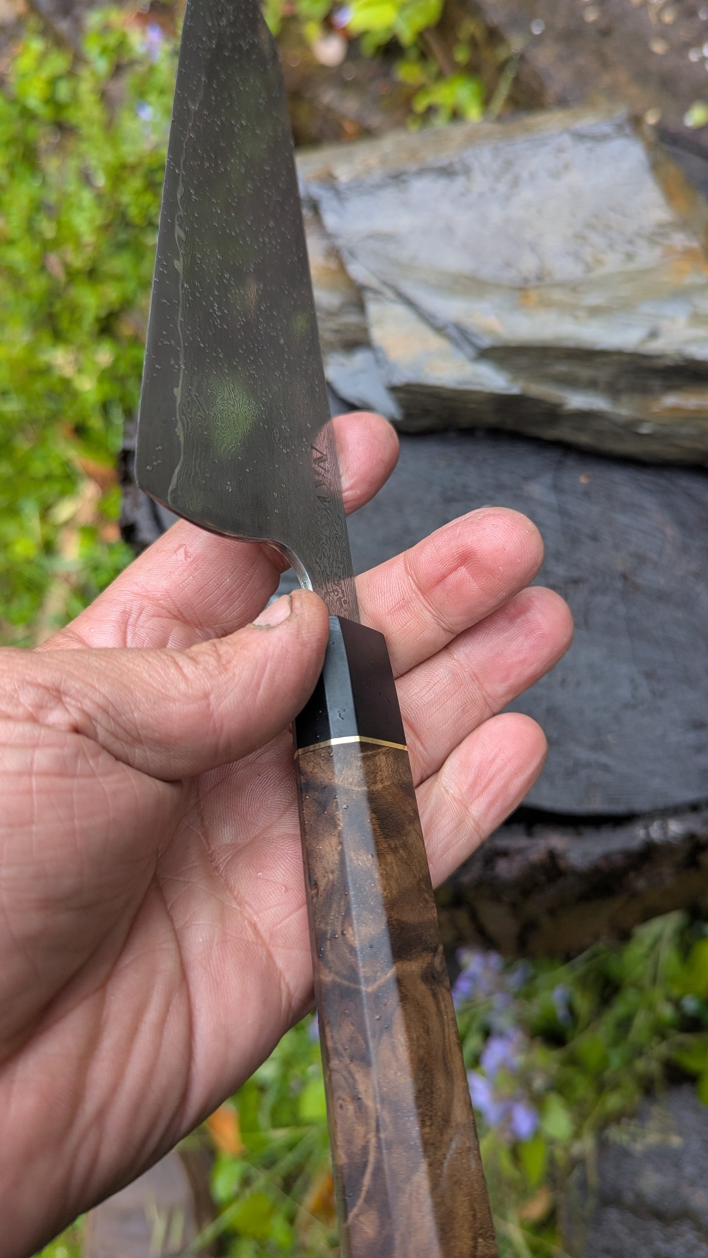 Hand Forged 185mm Bunka. 80CRV2 San-Mai, 60 layers Damascus. Walnut Burl and Richlite handle