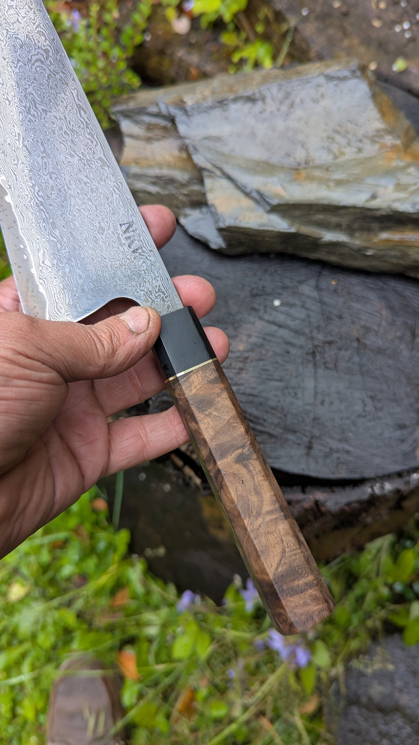 Hand Forged 185mm Bunka. 80CRV2 San-Mai, 60 layers Damascus. Walnut Burl and Richlite handle