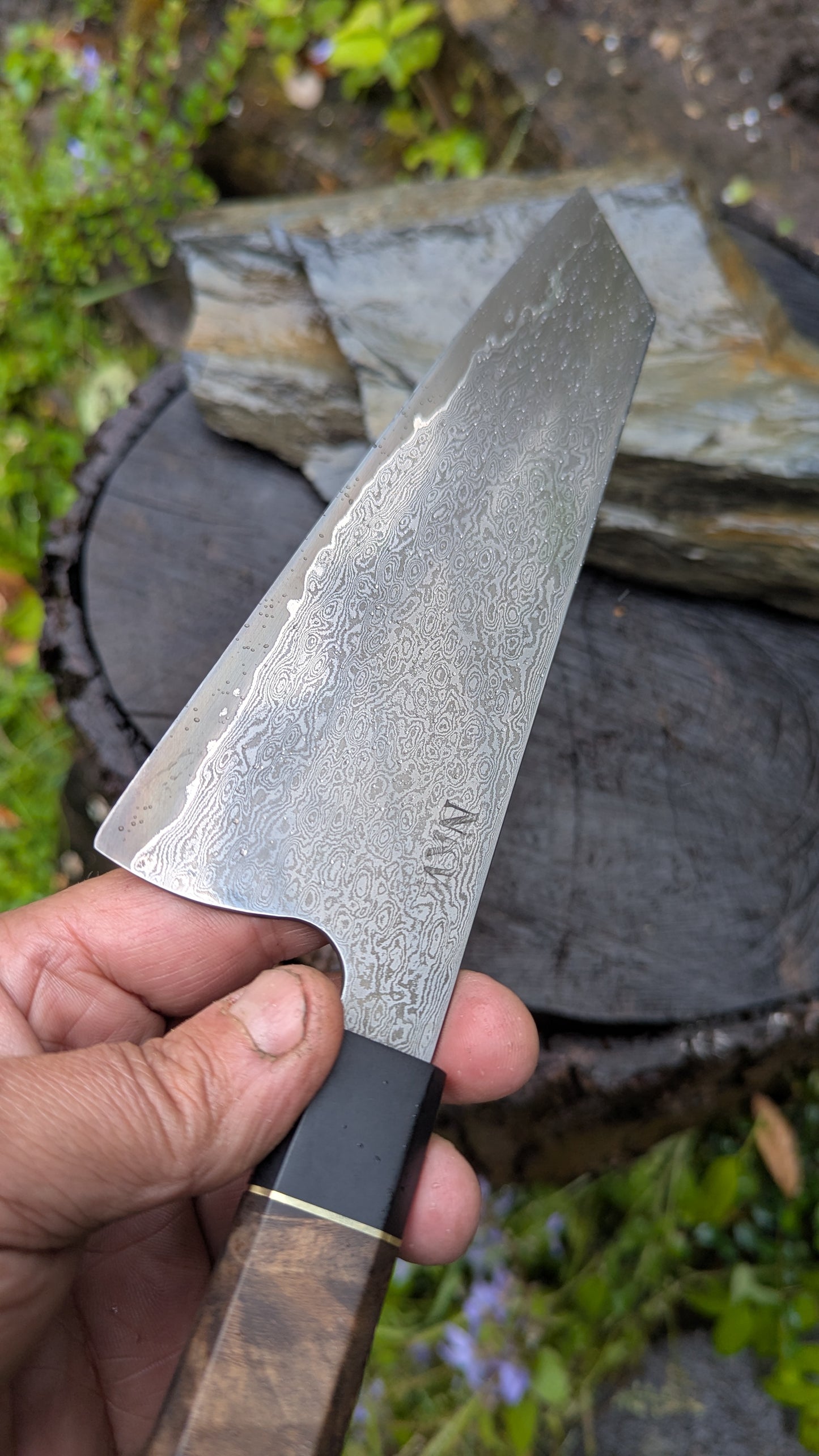 Hand Forged 185mm Bunka. 80CRV2 San-Mai, 60 layers Damascus. Walnut Burl and Richlite handle