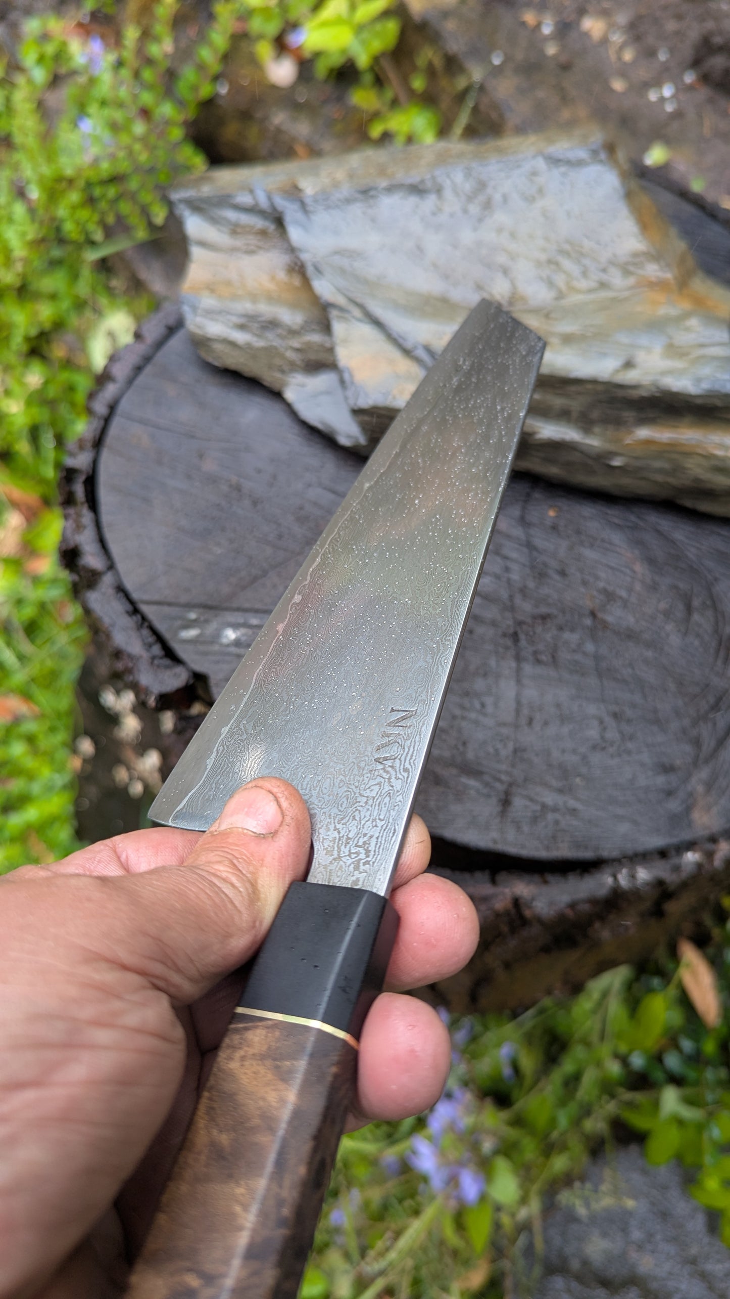 Hand Forged 185mm Bunka. 80CRV2 San-Mai, 60 layers Damascus. Walnut Burl and Richlite handle