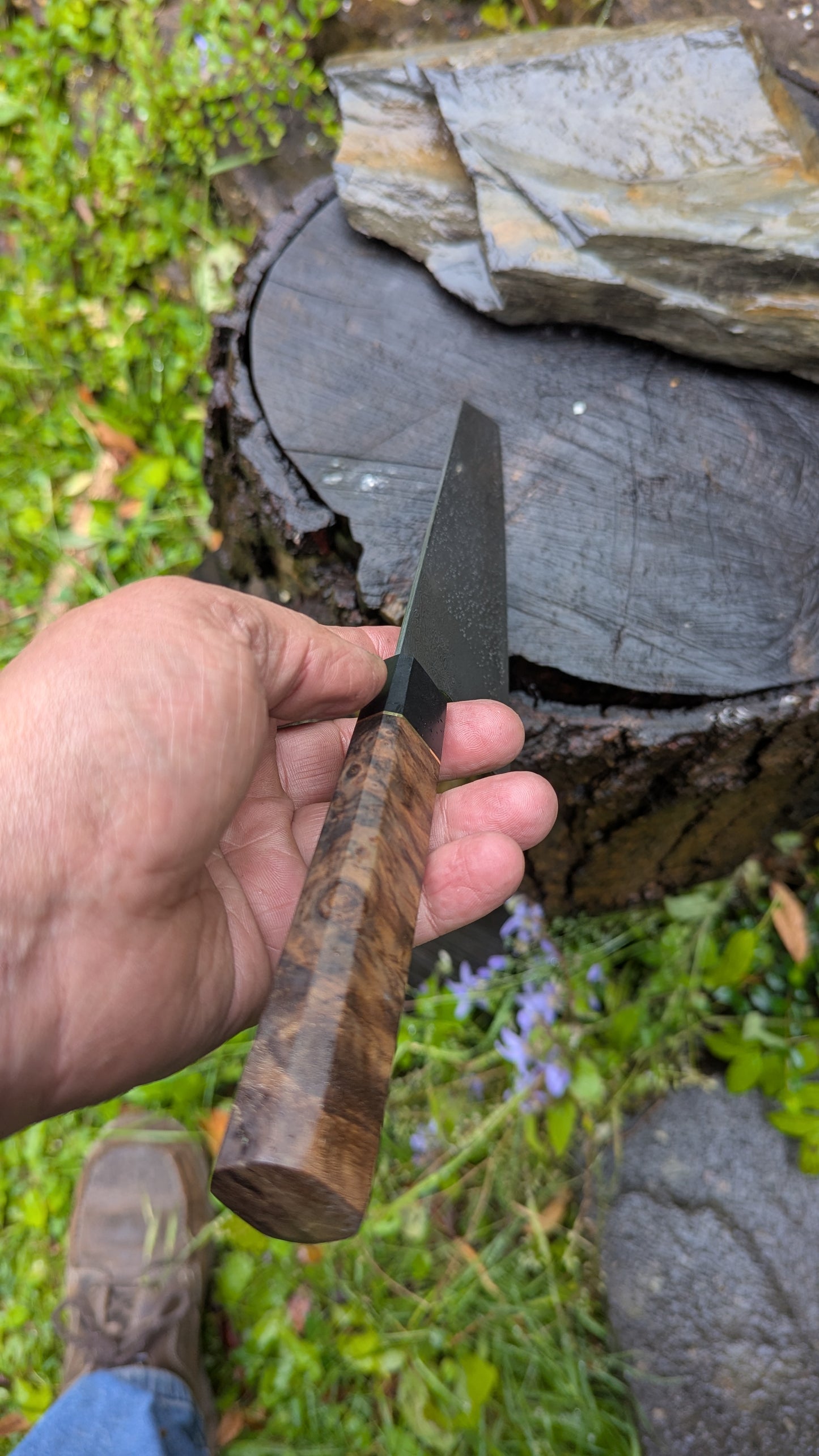 Hand Forged 185mm Bunka. 80CRV2 San-Mai, 60 layers Damascus. Walnut Burl and Richlite handle