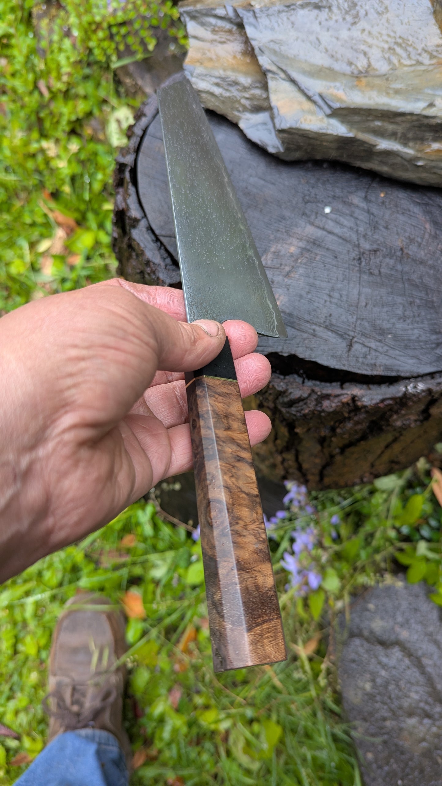Hand Forged 185mm Bunka. 80CRV2 San-Mai, 60 layers Damascus. Walnut Burl and Richlite handle