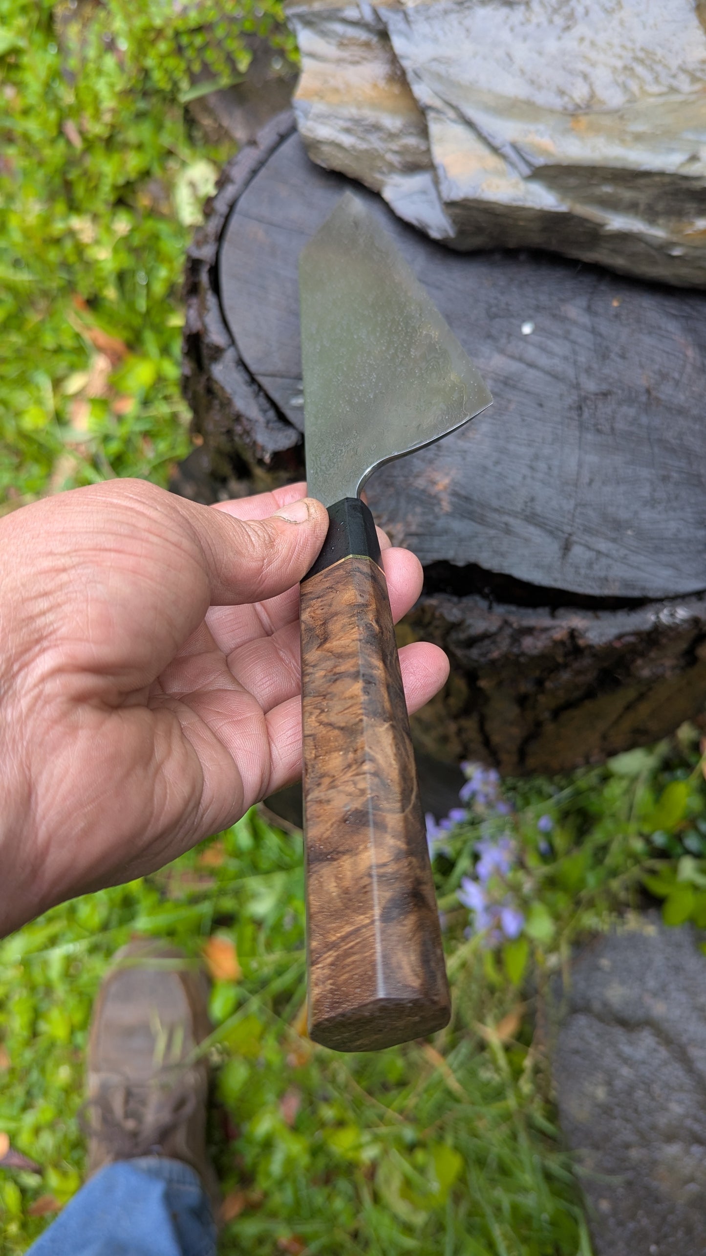 Hand Forged 185mm Bunka. 80CRV2 San-Mai, 60 layers Damascus. Walnut Burl and Richlite handle