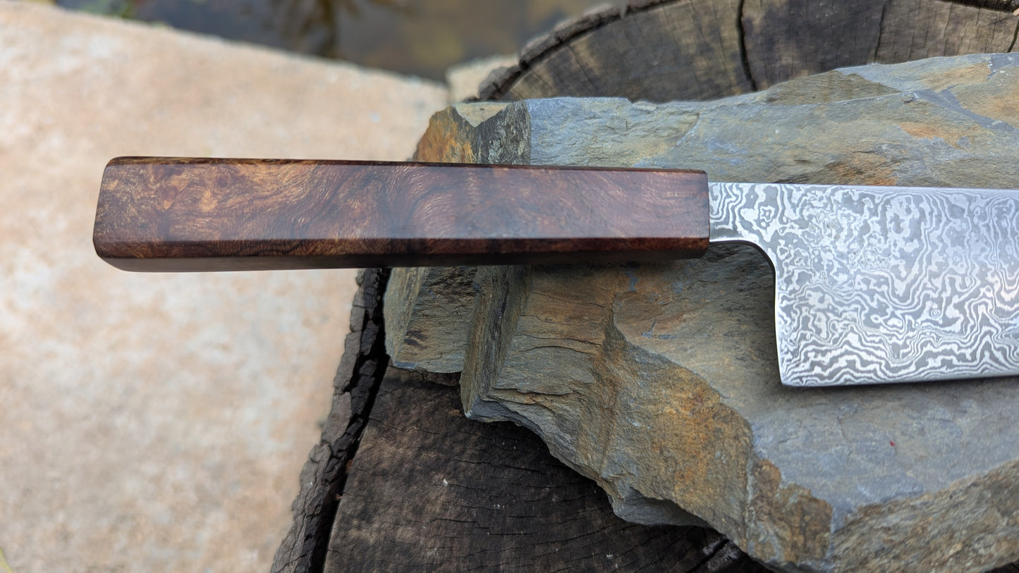 Kiritsuke 170mm. Carbon Damascus steel. Burr ElmHandle