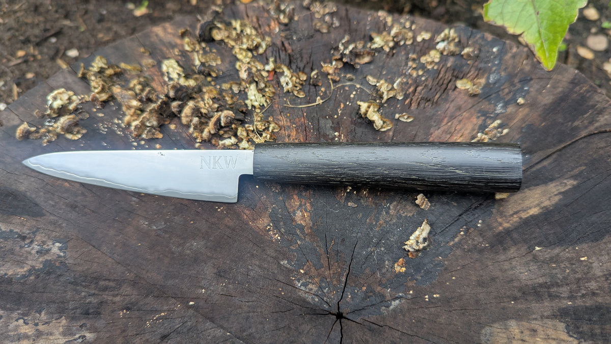 Hand Made Paring knife 115mm. Takefu Super Blue Stainless Clad San Mai. 5600 years old Bog Oak Handle