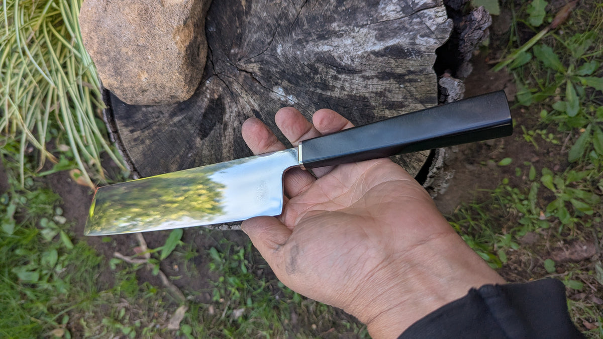 Handmade 180mm Nakiri – Alleima® 10C28Mo2 Stainless Steel & Richlite® Black Diamond
