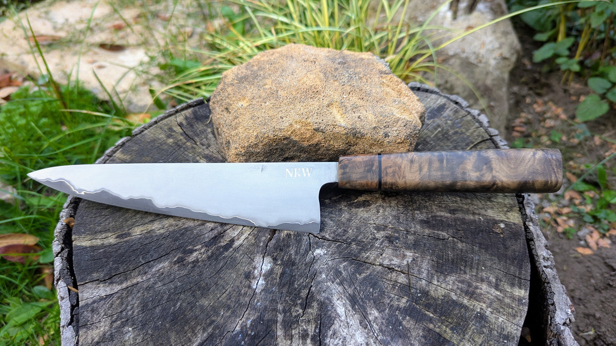 Gyuto 200mm Takefu Super Blue Stainless Steel Clad San Mai. Walnut Burl handle