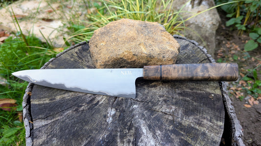 Gyuto 200mm Takefu Super Blue Stainless Steel Clad San Mai. Walnut Burl handle