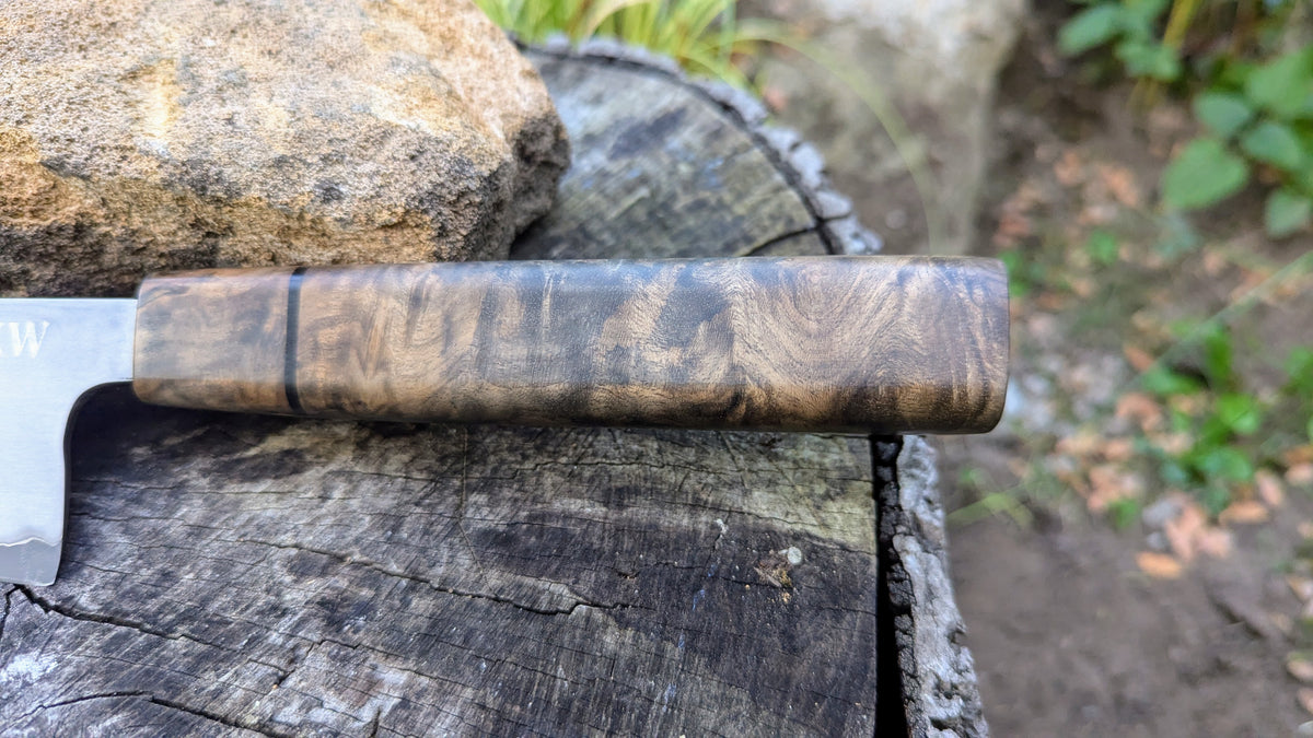 Gyuto 200mm Takefu Super Blue Stainless Steel Clad San Mai. Walnut Burl handle