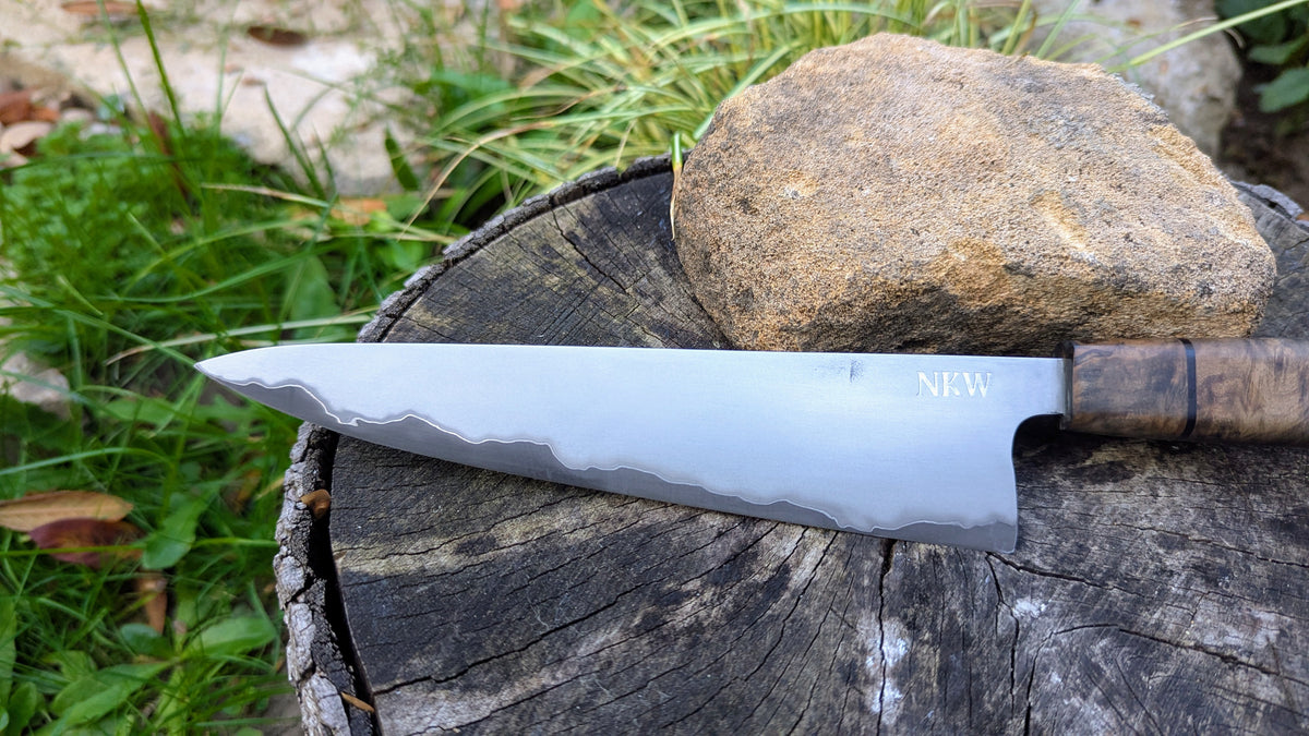 Gyuto 200mm Takefu Super Blue Stainless Steel Clad San Mai. Walnut Burl handle