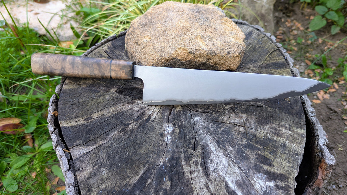 Gyuto 200mm Takefu Super Blue Stainless Steel Clad San Mai. Walnut Burl handle