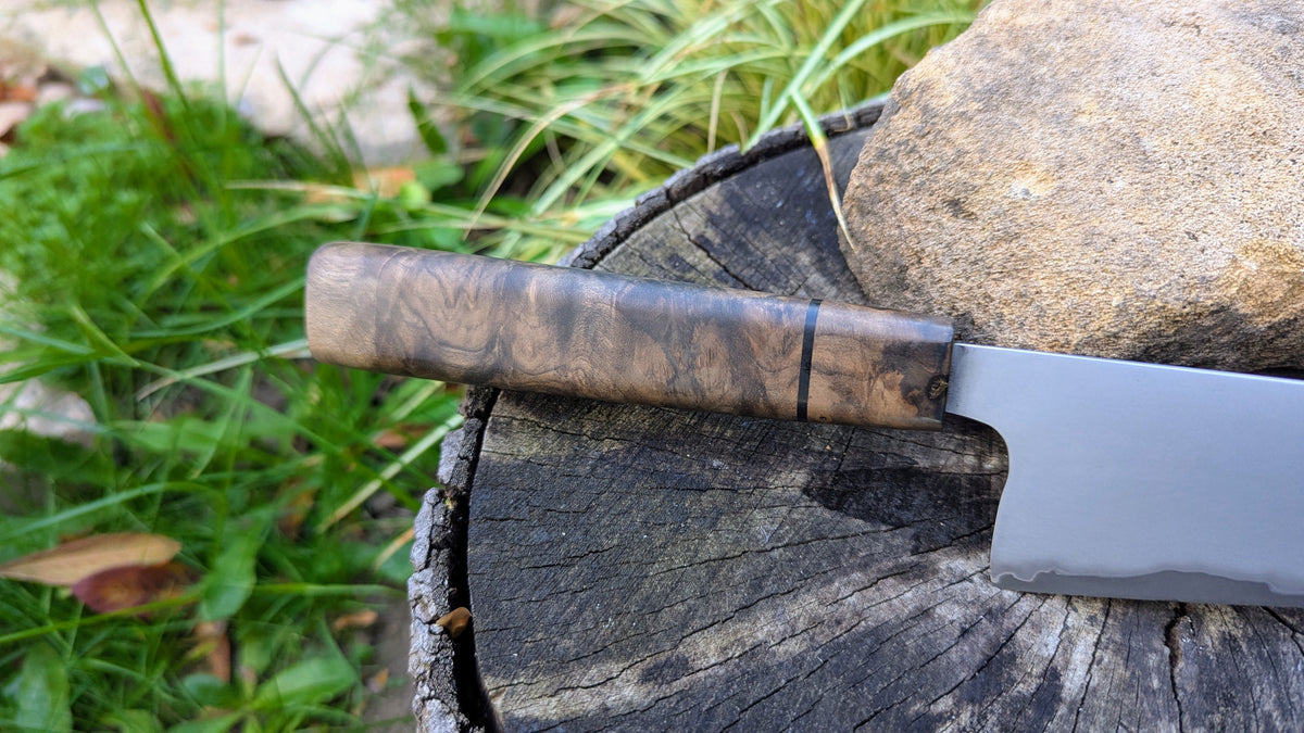 Gyuto 200mm Takefu Super Blue Stainless Steel Clad San Mai. Walnut Burl handle