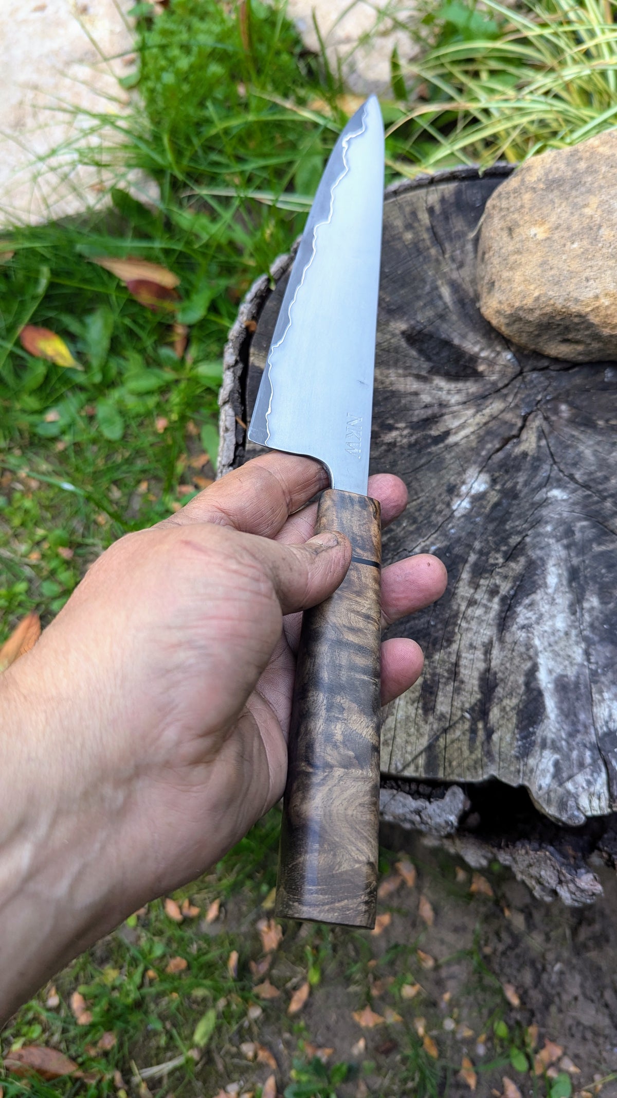 Gyuto 200mm Takefu Super Blue Stainless Steel Clad San Mai. Walnut Burl handle