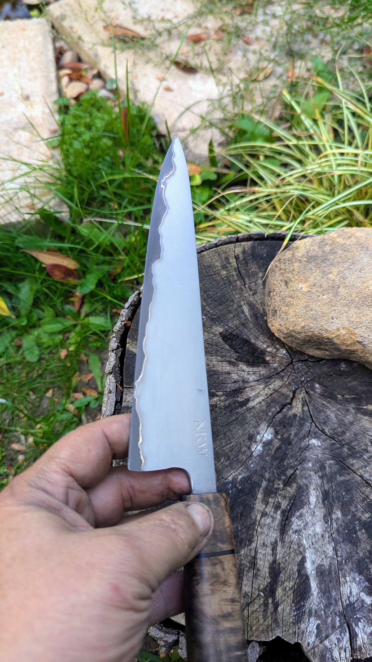 Gyuto 200mm Takefu Super Blue Stainless Steel Clad San Mai. Walnut Burl handle
