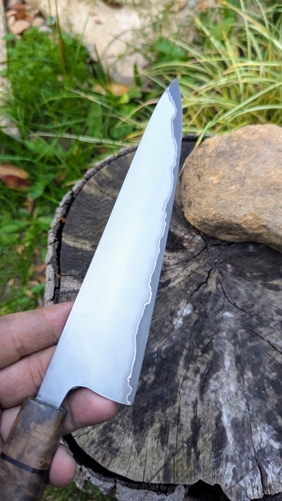 Gyuto 200mm Takefu Super Blue Stainless Steel Clad San Mai. Walnut Burl handle