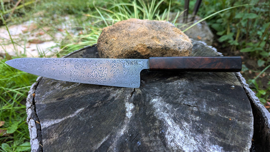 Gyuto 200 mm Carbon Steel Damascus, Desert Ironwood Burl handle