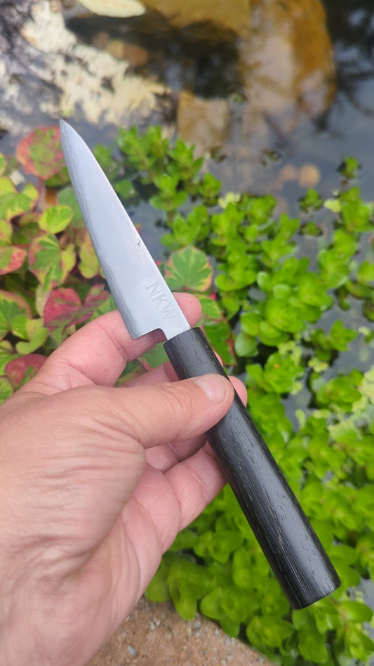 Hand Made Paring knife 115mm. Takefu Super Blue Stainless Clad San Mai. 5600 years old Bog Oak Handle