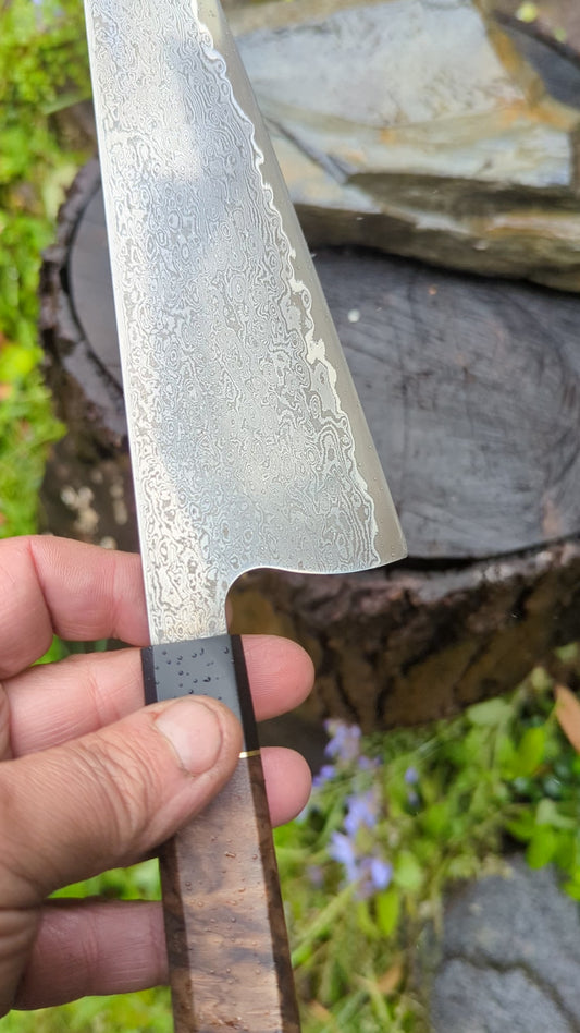 Hand Forged 185mm Bunka. 80CRV2 San-Mai, 60 layers Damascus. Walnut Burl and Richlite handle