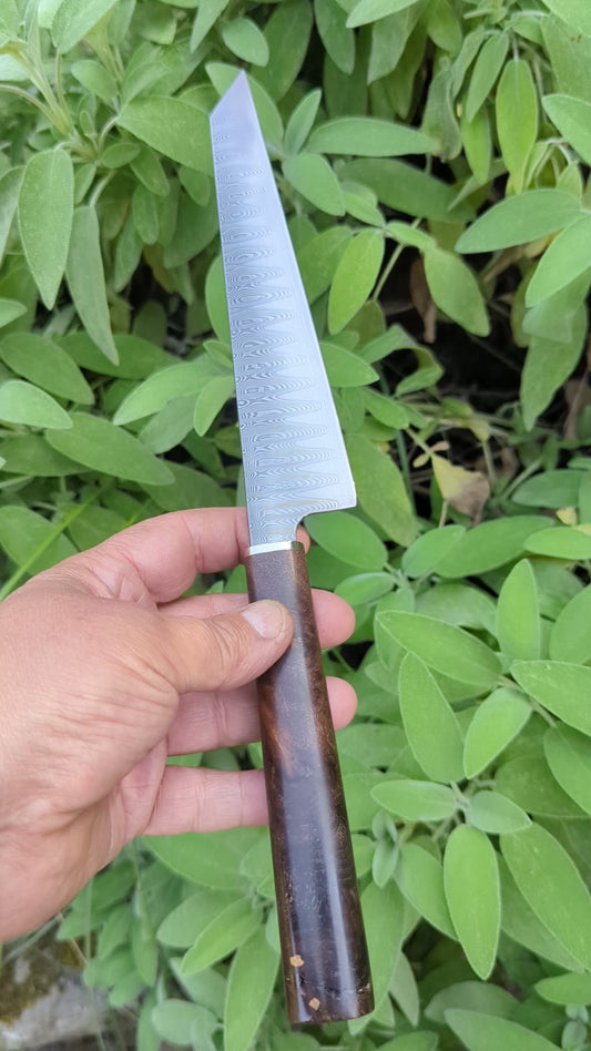 Hand made 8" stainless damascus san Mai. Burr Elm wood handle