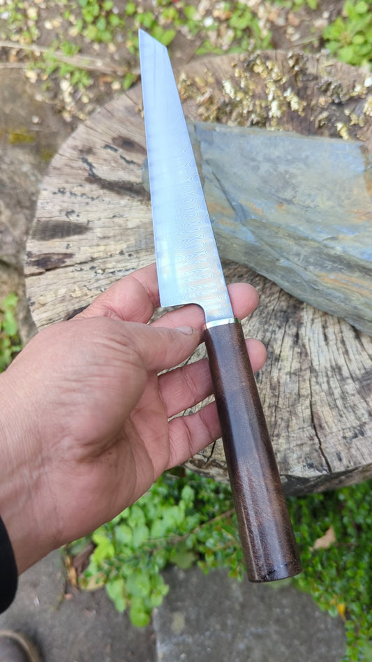 Hand Made 185mm Stainless Damascus San Mai. Burr Elm Wood Handle