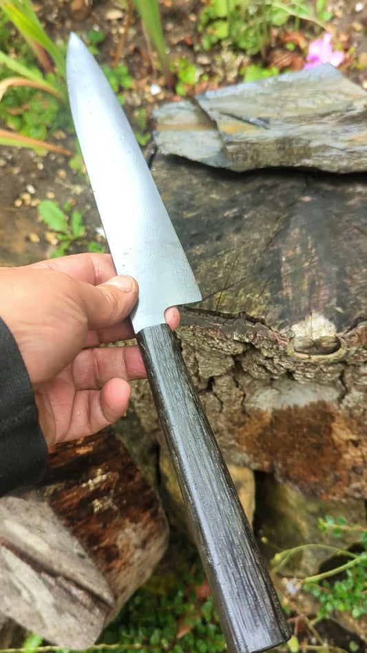 Handmade 9½ " 80 CRV2 carbon steel knife. 5600 years old Bog Oak handle