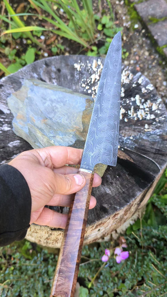 Handmade 8" Carbon Steel Damascus, Wood Burl