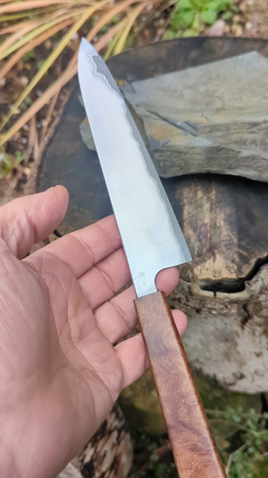Hand made 6" Takefu super blue stainless clad San Mai. Lacewood burl handle