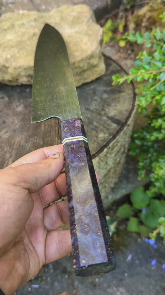 Handmade 9 ½" chef's knife, Hand-forged Rose garden Damascus. Amboyna burl handle