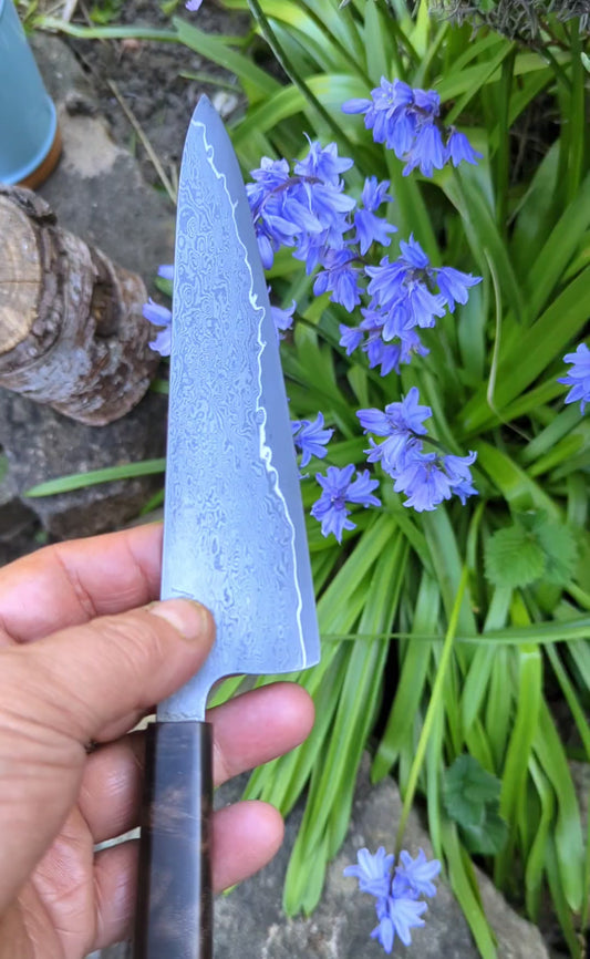Hand Made 170mm Carbon Steel Core and  Damascus Cladding. Walnut Burl Handle