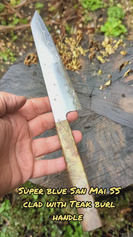 Hand Made 7" Takefu Super Blue Stainless Clad San Mai. Teak Burl Handle