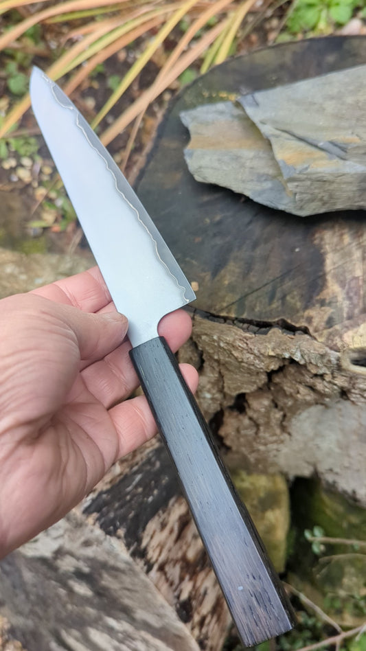 Hand Made 7" Takefu Super Blue Stainless Clad San Mai. 5600 years old Bog Oak handle