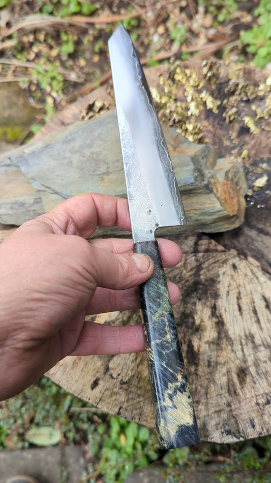 Kiritsuke 170mm. Takefu Super Blue Stainless Clad San Mai. Box Elder handleHandle