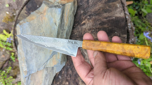 Hand Forged 125mm Petty. 80CRV2 San-Mai, 60 layers Damascus. Ash Burl Handle