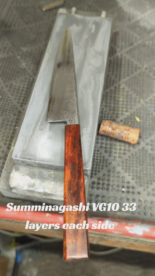 Hand Made 5 3/4" Takefu VG10 Suminagashi knife. Desert Ironwood Handle