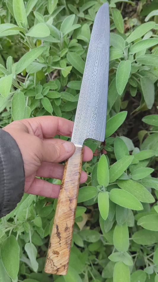 Hand made 8"Stainless Damascus - Damasteel® DS93X - Munin . Amboyna Burl handle