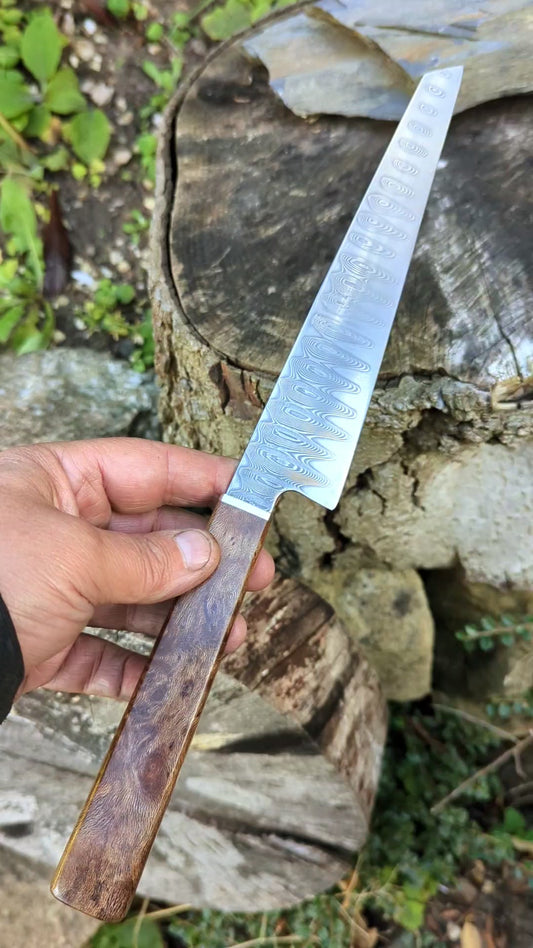 Hand made 8" stainless damascus san Mai. Lacewood burr handle